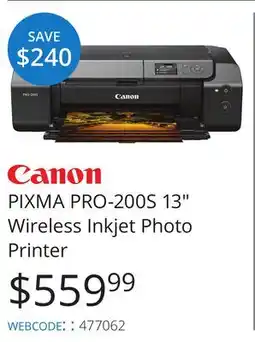 Vistek Canon PIXMA PRO-200S 13 Wireless Inkjet Photo Printer offer