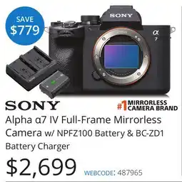 Vistek Sony Alpha α7 IV Full-Frame Mirrorless Camera w/ NPFZ100 Battery & BC-ZD1 Battery Charger offer