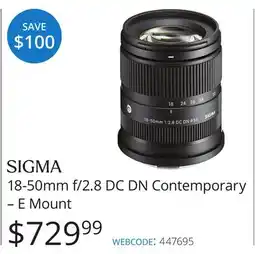 Vistek SIGMA 18-50mm f/2.8 DC DN Contemporary – E Mount offer