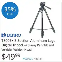 Vistek BENRO T800EX 3-Section Aluminum Legs Digital Tripod w/ 3-Way Pan/Tilt and Verticle Position Head offer
