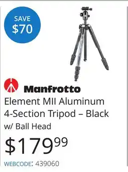 Vistek Manfrotto Element MII Aluminum 4-Section Tripod-Black w/ Ball Head offer