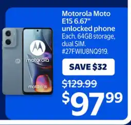 Walmart Motorola Moto E15 6.67 unlocked phone offer