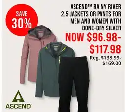 Cabela's ASCEND RAINY RIVER SAVE 2.5 JACKETS OR PANTS FOR MEN AND WOMEN WITH BONE-DRY SILVER offer