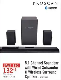The Brick PROSCAN 5.1 CH Bluetooth Soundbar with Wired Subwoofer and Wireless Surround (PSB551) offer