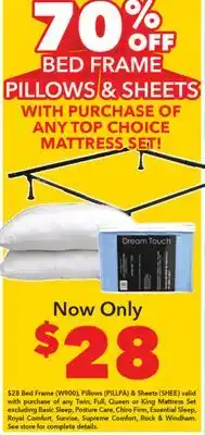 Surplus Furniture 70% off Bed Frame, Pillows & Sheets with purchase of any Top Choice Mattress Set offer