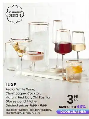 Stokes LUXE Red or White Wine, Champagne, Cocktail, Martini, Highball, Old Fashion Glasses, and Pitcher offer