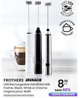 Stokes FROTHERS USB Rechargeable Handheld Milk Frother, Black, White or Chrome offer