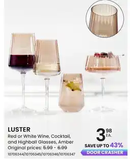Stokes LUSTER Red or White Wine, Cocktail, and Highball Glasses, Amber offer