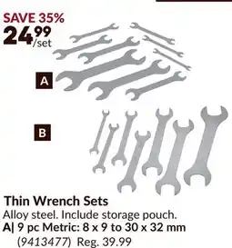Princess Auto Thin Wrench Sets, 9 pc Metric: 8 x 9 to 30 x 32 mm offer