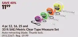 Princess Auto 4 pc 12, 16, 25 and 33 ftSAE/Metric Clear Tape Measure Set offer