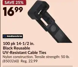 Princess Auto INDUSTRO 100 pk 14-1/2 in. Black Reusable UV-Resistant Cable Ties offer