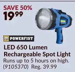 Princess Auto LED 650 Lumen Rechargeable Spot Light offer