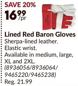 Princess Auto Lined Red Baron Gloves offer