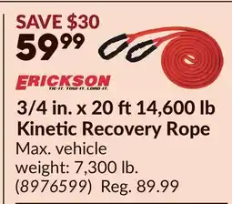 Princess Auto 3/4 in. x 20 ft14,600 lb Kinetic Recovery Rope offer