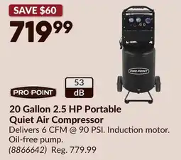 Princess Auto PRO•POINT 20 Gallon 2.5 HP Portable Quiet Air Compressor offer