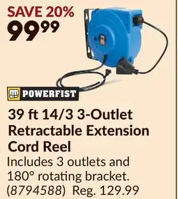 Princess Auto POWERFIST 39 ft14/3 3-Outlet Retractable Extension Cord Reel offer