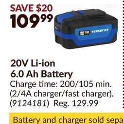 Princess Auto POWERFIST 20V Li-ion 6.0 Ah Battery offer