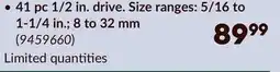 Princess Auto 41 pc 1/2 in. drive. Size ranges: 5/16 to 1-1/4 in. 8 to 32 mm SAE/Metric Socket Sets offer