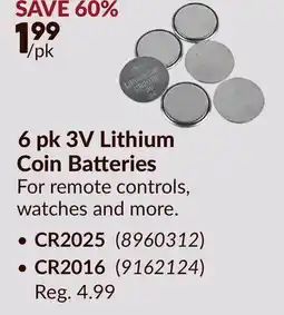 Princess Auto 6 pk 3V Lithium Coin Batteries offer