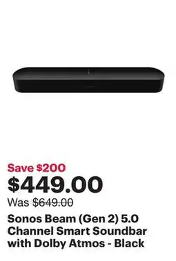 Best Buy Sonos Beam (Gen 2) 5.0 Channel Smart Soundbar with Dolby Atmos - Black offer