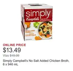 Costco Simply Campbell's No Salt Added Chicken Broth, 6 x 946 mL offer