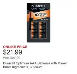 Costco Duracell Optimum AAA Batteries with Power Boost Ingredients, 30 count offer