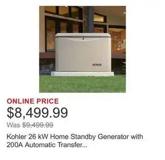 Costco Kohler 26 kW Home Standby Generator with 200A Automatic Transfer Switch offer