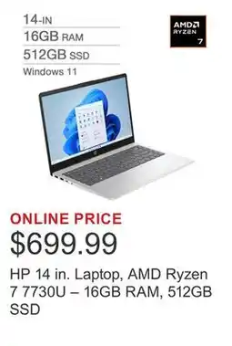 Costco HP 14 in. Laptop, AMD Ryzen 7 7730U – 16GB RAM, 512GB SSD offer