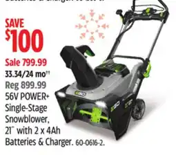 Canadian Tire EGO 56V POWER+ Single-Stage Snowblower, 21 with 2 x 4Ah Batteries & Charger offer