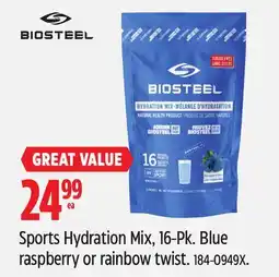 Canadian Tire BIOSTEEL Sports Hydration Mix, 16-Pk. Blue raspberry or rainbow twist offer