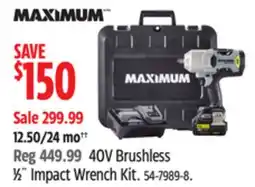 Canadian Tire MAXIMUM 40V Brushless 1⁄2˝ Impact Wrench Kit offer