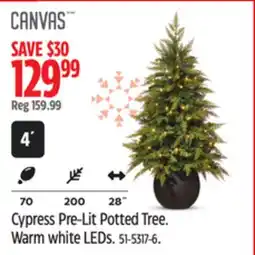 Canadian Tire CANVAS Cypress Pre-Lit Potted Tree. Warm white LEDs offer