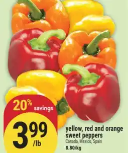 Marché Adonis Yellow, red and orange sweet peppers offer
