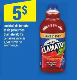 Maxi COCKTAIL DE TOMATE ET DE PALOURDES CLAMATO MOTT'S, 2,54 L/6x213 mL offer