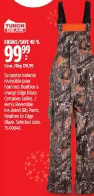 Canadian Tire Yukon Gear Men's Reversible Insulated Bib Pants, Realtree to Edge Blaze offer