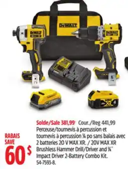 Canadian Tire Dewalt 20V MAX XR Brushless Hammer Drill/Driver and 1⁄4 Impact Driver 2-Battery Combo Kit offer