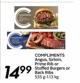 Safeway Compliments Angus, Sirloin Prime Rib or Stuffed Burgers offer