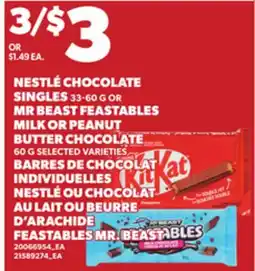 Independent Grocer NESTLÉ CHOCOLATE SINGLES, 33-60 G OR MR BEAST FEASTABLES MILK OR PEANUT BUTTER CHOCOLATE, 60 G offer