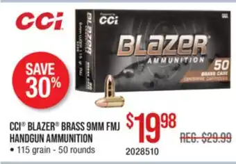 Cabela's CCI BLAZER BRASS 9MM FMJ HANDGUN AMMUNITION offer