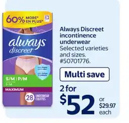 Walmart Always Discreet incontinence underwear offer