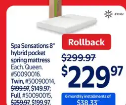 Walmart ZINU Spa Sensations 8 hybrid pocket spring mattress offer