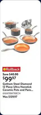 Walmart Gotham Steel Diamond 12 Piece Ultra Nonstick Ceramic Pots and Pans Cookware Set offer