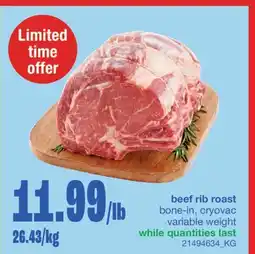 Wholesale Club beef rib roast, 26.43/kg offer