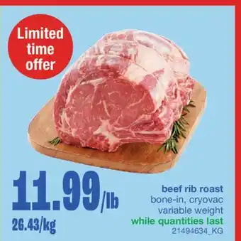 Wholesale Club beef rib roast, 26.43/kg offer