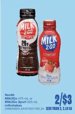 Wholesale Club Nestlé Milk2Go 473 mL or Milk2Go Sport 325 mL milkshakes offer