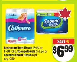 FreshCo Cashmere Bath Tissue 12=24 or 8=24 rolls, Sponge Towels 3=6 pk or Scotties Facial Tissue 6 pk offer