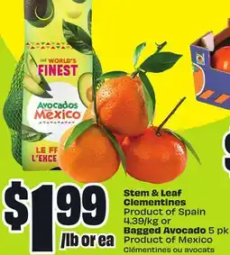 FreshCo Stem & Leaf Clementines Product of Spain 4.39/kg or Bagged Avocado 5 pk Product of Mexico offer