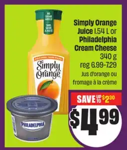 Chalo FreshCo Simply Orange Juice 1.54 L or Philadelphia Cream Cheese 340 g offer