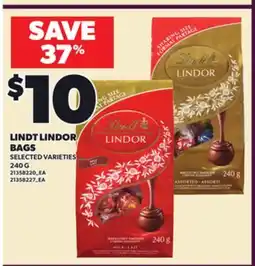 Loblaws LINDT LINDOR BAGS, 240G offer