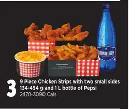 Loblaws 9 PIECE CHICKEN STRIPS WITH TWO SMALL SIDES, 134-454 G AND 1 L BOTTLE OF PEPSI offer